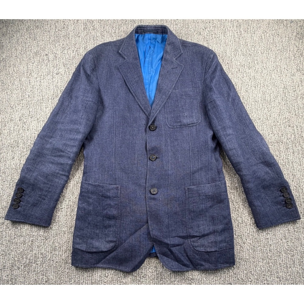 Faconnable Blazer Women 10 Blue 100% Linen 3-Button Lightweight Patch Pockets